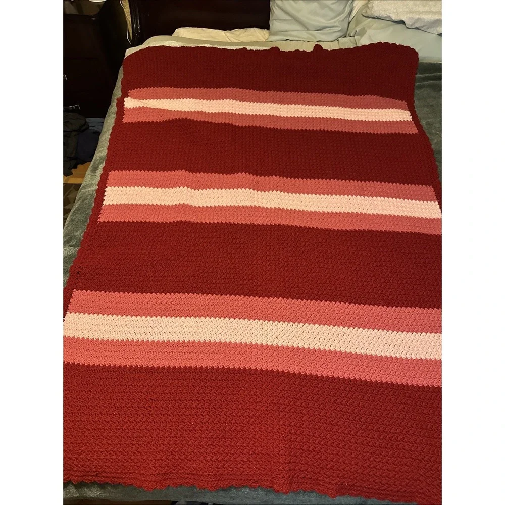 Crochet  Lap Throw Blanket Pinks Red Striped Scalloped Edge 68